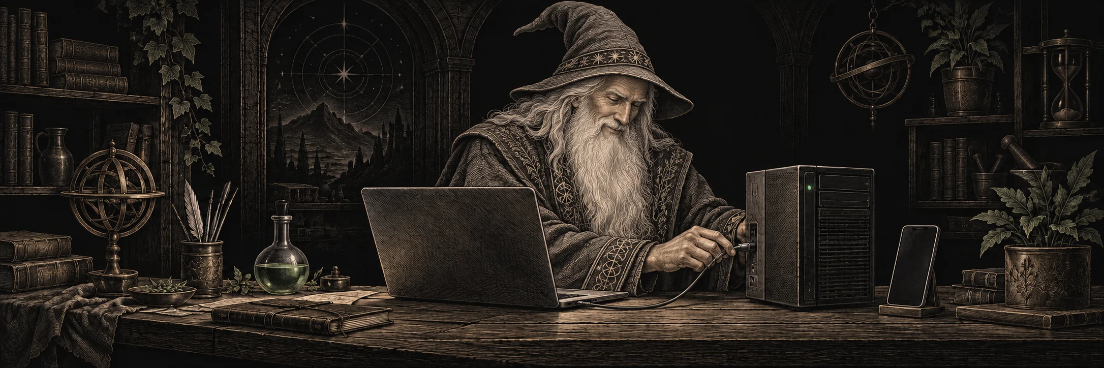 An elder wizard connects a laptop to a small server at his workbench, with a phone beside it